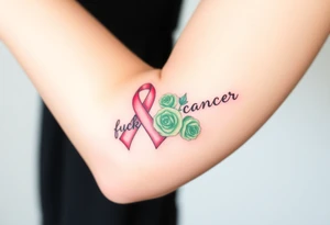 Pretty pink Cancer ribbon that says "fuck cancer"with 3 light green 
roses tattoo idea