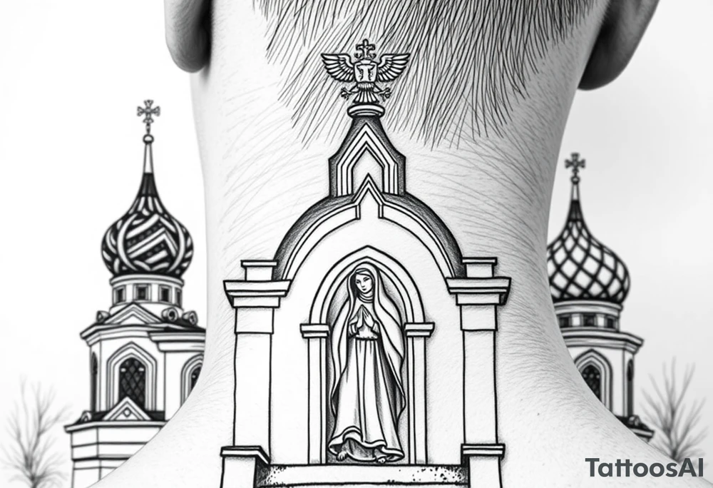 Flowing Scene

A onion domes orthodox church
Virgin Mary in prayer pose on the front doors of the russian orthodox church 
A small double headed russian coat of arms eagle or just the star tucked above the dome near the hairline tattoo idea