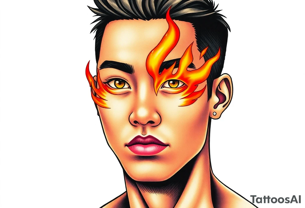 Handsome Asian young guy with flame instead of eyes tattoo idea