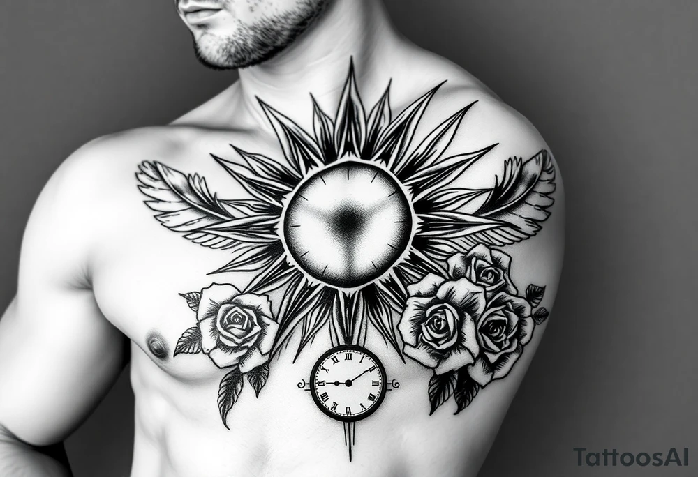 sun with rays feathers with a clock on elbows with roses tattoo idea
