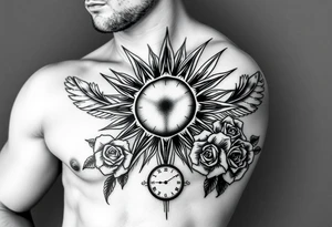 sun with rays feathers with a clock on elbows with roses tattoo idea