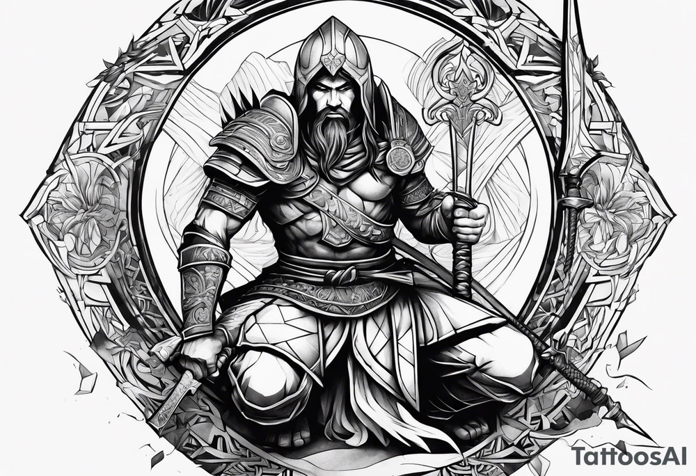kneeling warrior with sword tattoo idea