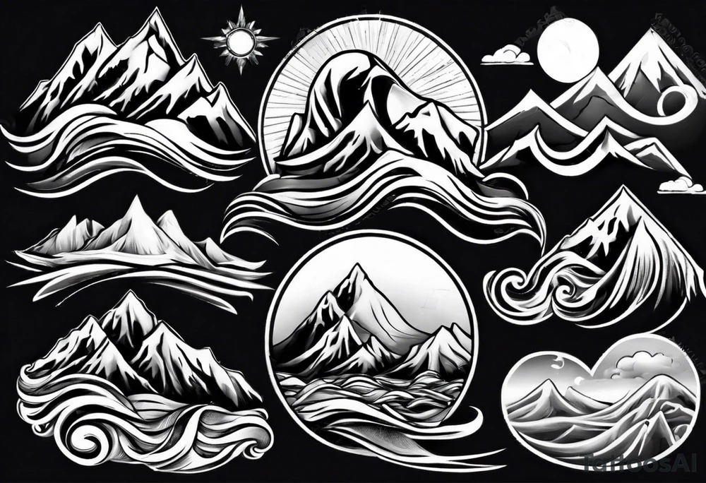 mountain with waves and sun tattoo idea