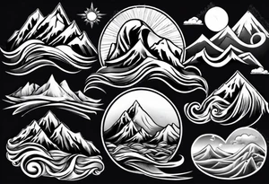 mountain with waves and sun tattoo idea