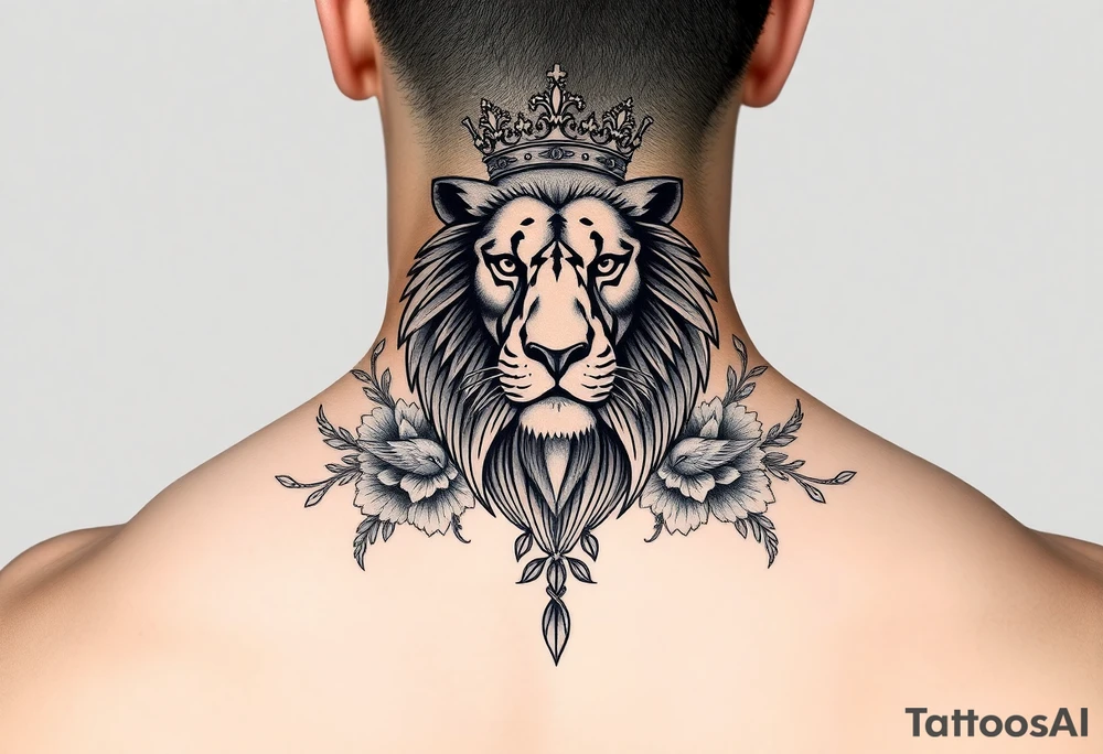 powerful majestic lion with a crown, surrounded by floral ornaments and birds tattoo idea