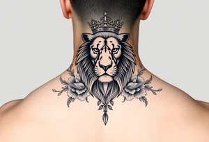 powerful majestic lion with a crown, surrounded by floral ornaments and birds tattoo idea