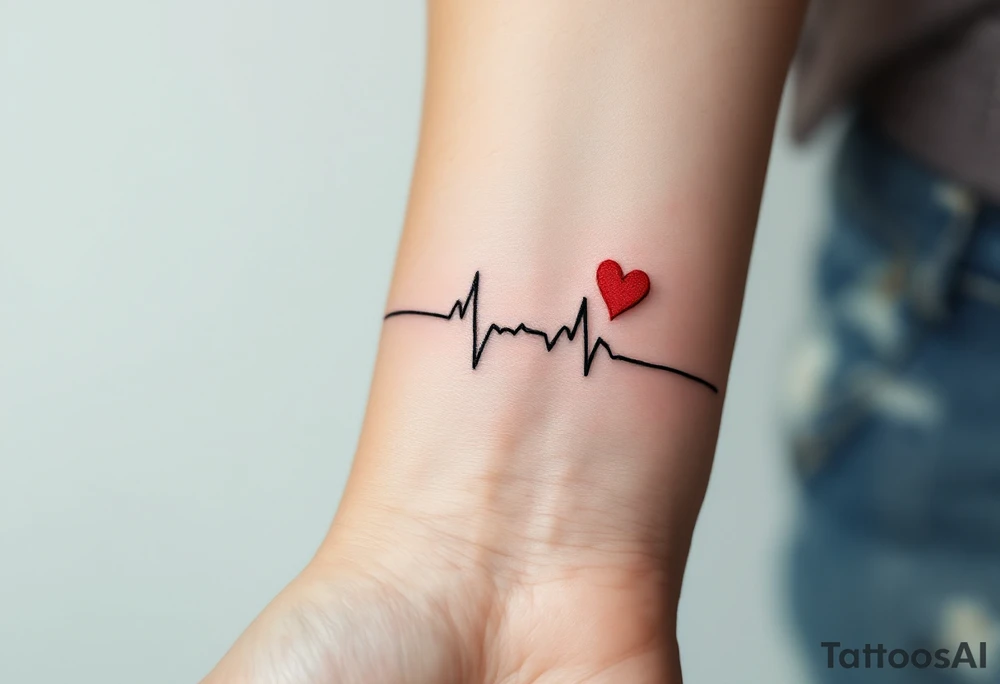A black EKG line running across the wrist with a small red heart at the peak, symbolizing life and love. tattoo idea