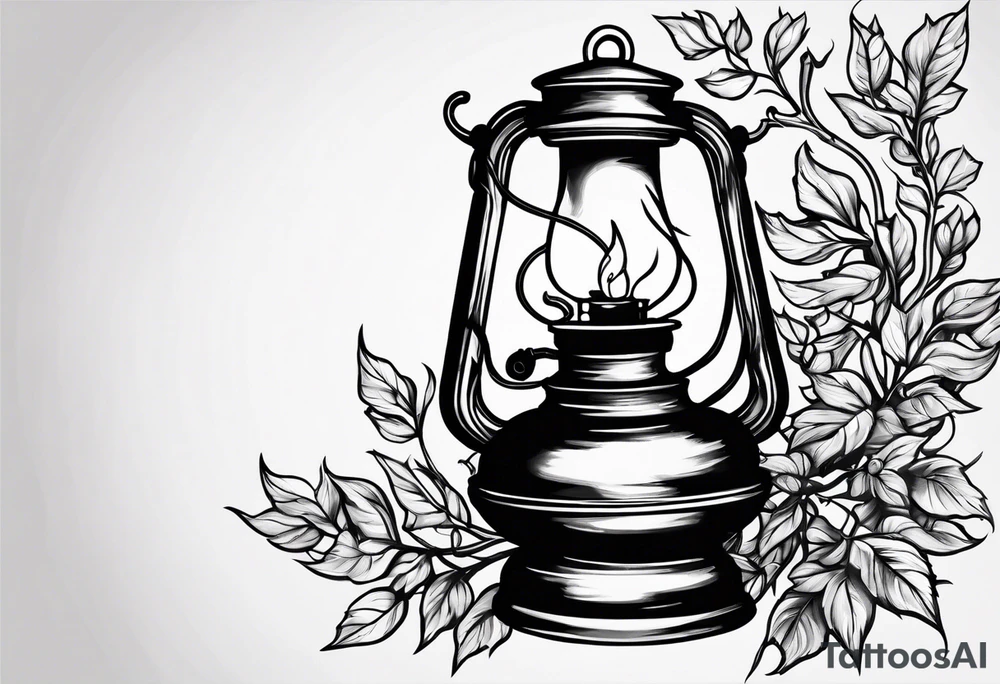 Oil lamp surrounded by leafy vines tattoo idea
