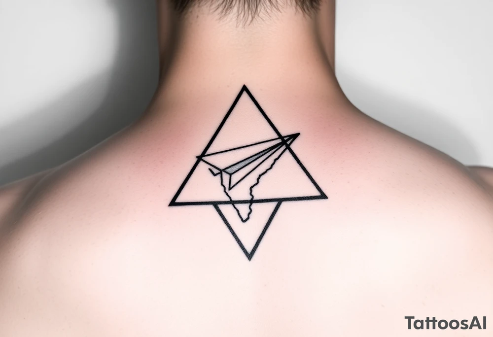 Small geometric triangle with a geometric paper plane with fine thin lines flying around the countries of India and Guyana. tattoo idea