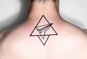 Small geometric triangle with a geometric paper plane with fine thin lines flying around the countries of India and Guyana. tattoo idea