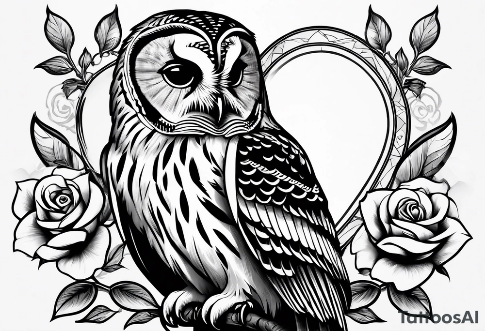 Barred owl holding a rose and a heart tattoo idea
