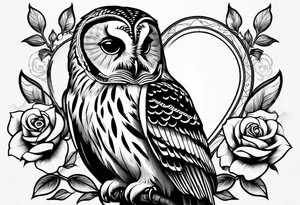 Barred owl holding a rose and a heart tattoo idea