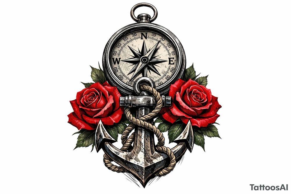 a compass under it an anchor and roses. tattoo idea