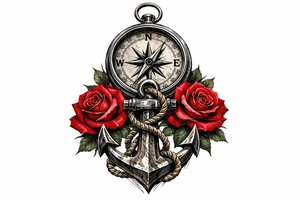 a compass under it an anchor and roses. tattoo idea