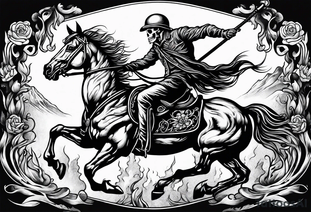 Skeleton riding a horse on fire tattoo idea