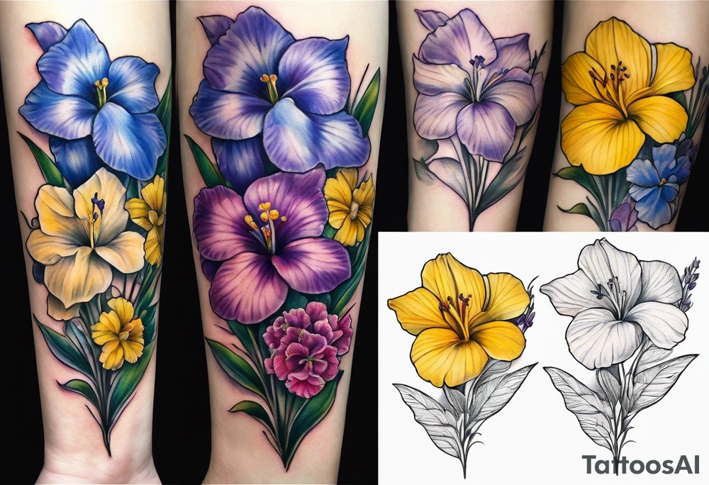 Bouquet tattoo tied with a ribbon With the following flowers on forearm. 
Carnations
Lilly’s 
Larkspur 
Morning glory 
Iris 
Yellow cedar
Yellow elder 
Forget me not 
Purple violets 
Lingum vitae 
Dogwood flower tattoo idea