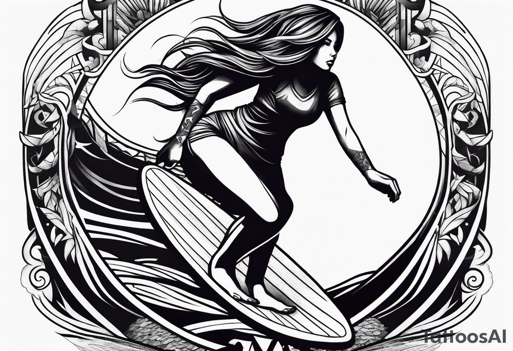 A girl that surfs on a longboard tattoo idea