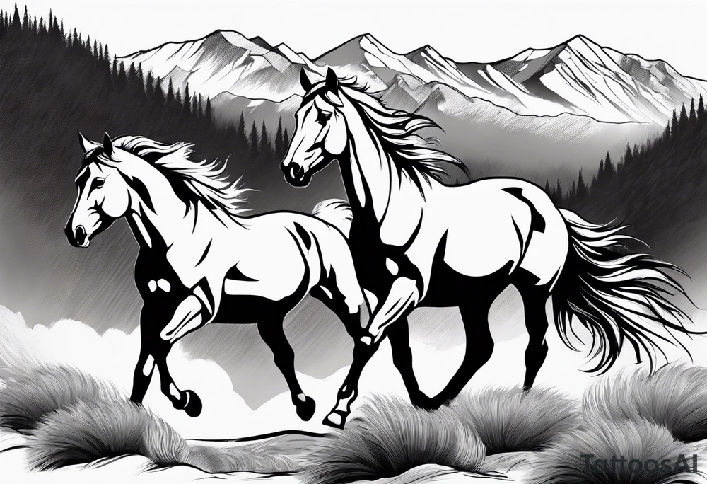 Wild horse, mountain background, feather tattoo idea