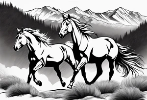Wild horse, mountain background, feather tattoo idea
