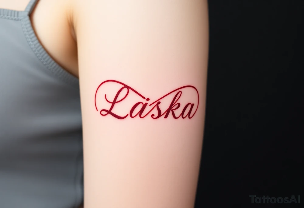An infinity symbol with the word "Láska" in deep red blending into the design tattoo idea