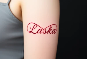 An infinity symbol with the word "Láska" in deep red blending into the design tattoo idea