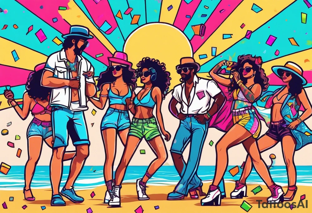 1980's style dance party with boom box and confetti in a beach theme. include people in 80's miami beach clothes, music note. tattoo idea