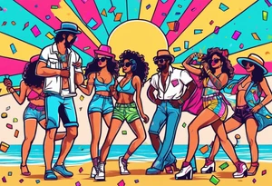 1980's style dance party with boom box and confetti in a beach theme. include people in 80's miami beach clothes, music note. tattoo idea