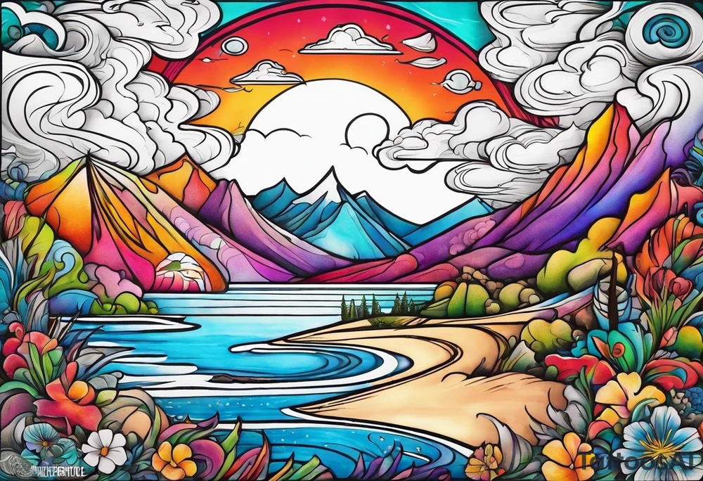 Beach and mountains tattoo idea