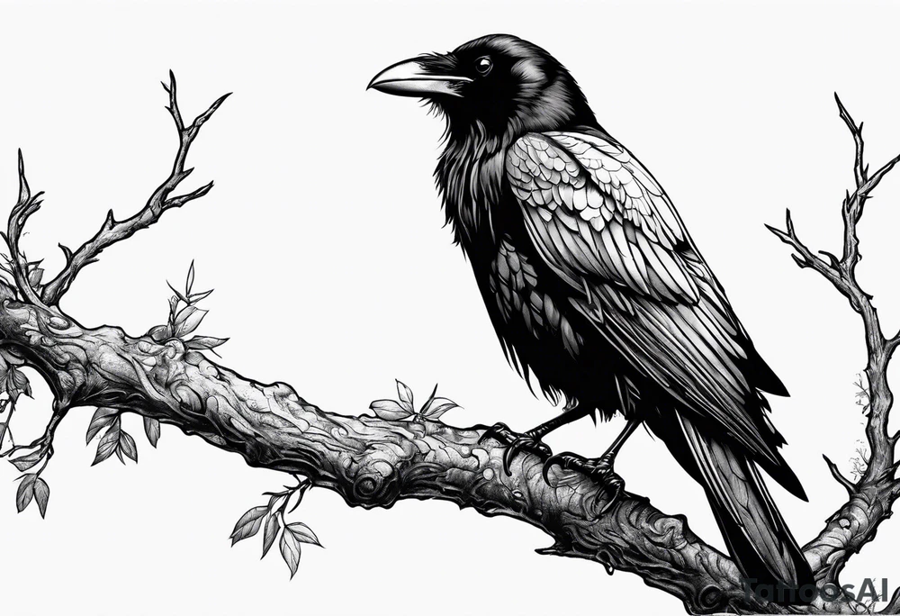 raven perched on branch tattoo idea