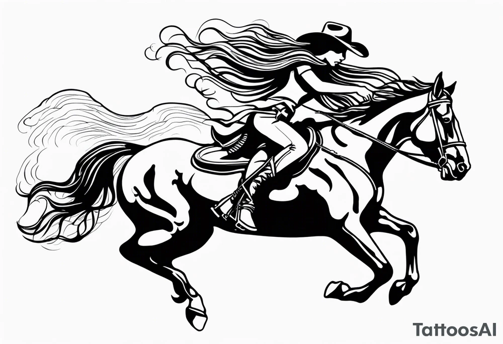 cowgirl with long hair on the back of galloping stallion. She is holding her cowboy hat on her head with one hand and the reins with the other hand. Stallion galloping really fast. tattoo idea