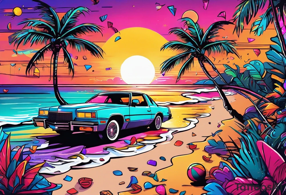 1980's miami vice style beach dance 
party, include confetti, music notes, boom box, bikinis sunset in the center tattoo idea