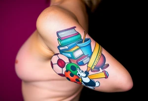 Childhood memories of a small pile of books, a bucket and spade, a football, a cricket bat, a cartoon of Dennis the Menace from the Beano comic, and something associated with the band Green Day tattoo idea