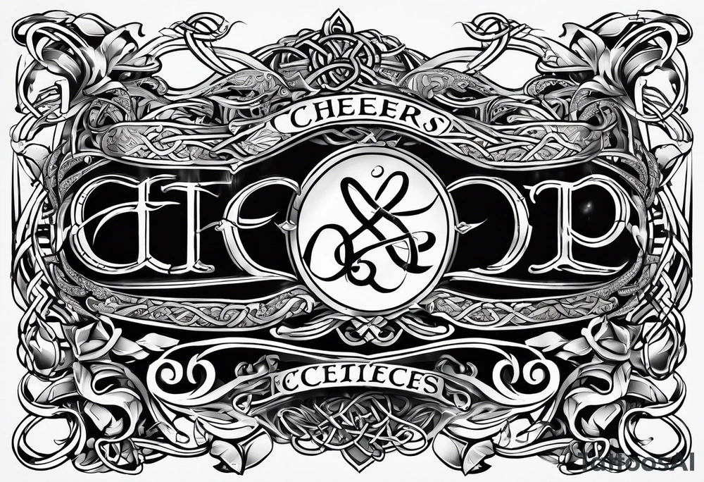 Cheers Mate text, armband +Celtic +Cancer Ribbon +tribal +artistic tattoo idea