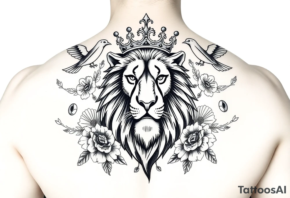 powerful majestic lion with a crown, surrounded by floral ornaments and birds tattoo idea
