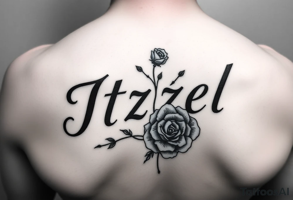 Itzel name on arm with a rose on the side tattoo idea