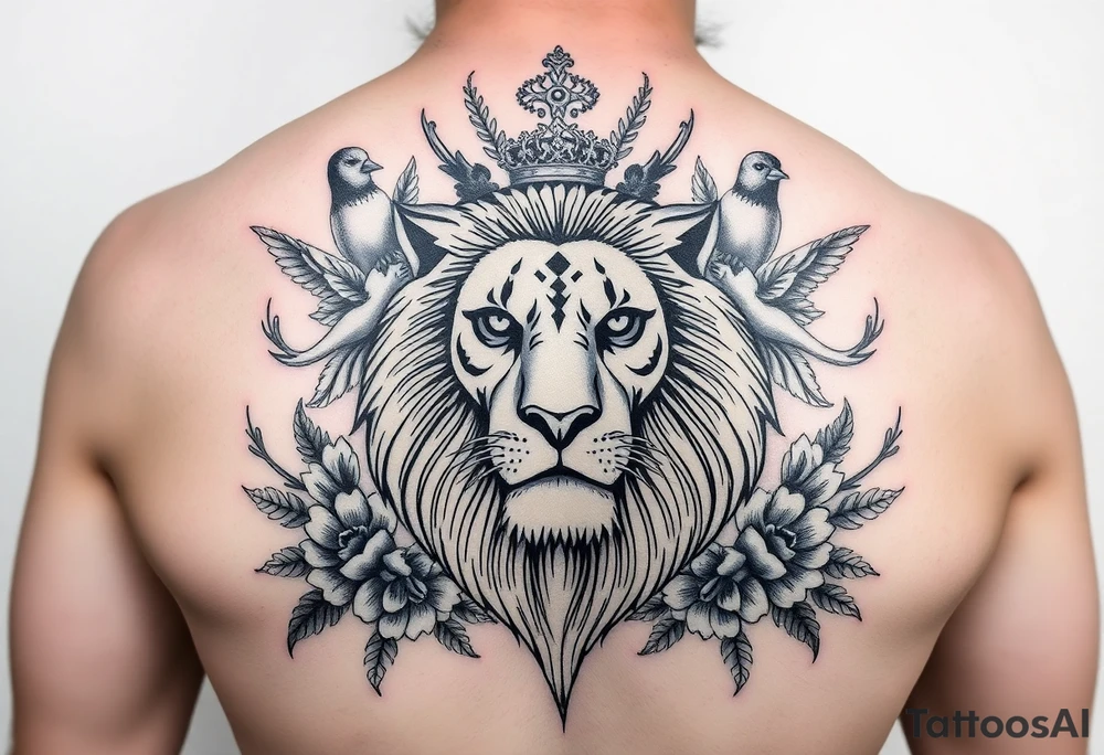 powerful majestic lion with a crown, surrounded by floral ornaments and birds tattoo idea