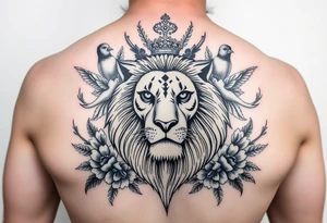 powerful majestic lion with a crown, surrounded by floral ornaments and birds tattoo idea