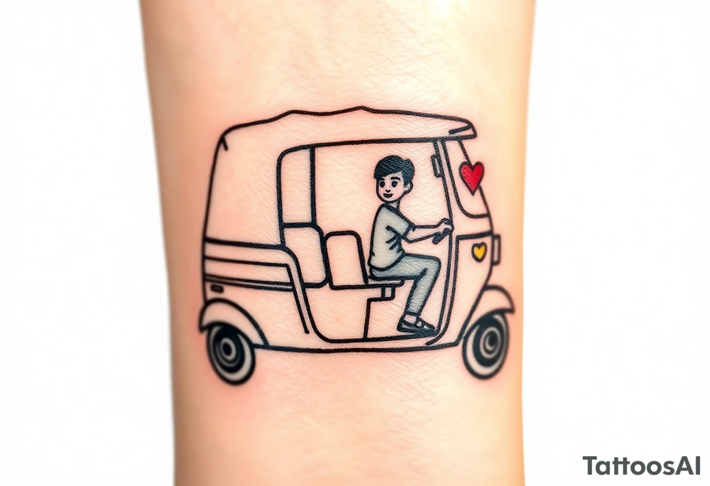 Create a simple tuk tuk. Add a boy in the vehicle. Add a heart to indicate that the boy is in love. tattoo idea