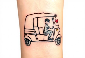 Create a simple tuk tuk. Add a boy in the vehicle. Add a heart to indicate that the boy is in love. tattoo idea