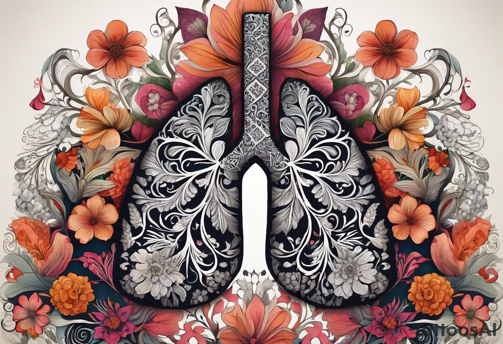 intricate and artistic arrangement of flowers and ornamental patterns that come together to form the shape of human lungs. The design should have a balance of delicacy and detail, with vibrant floral elements seamlessly intertwining to mimic the structure of the lungs, including the bronchi branching into floral motifs. Incorporate subtle shading and depth to give the tattoo a dynamic and organic feel, while maintaining elegance and symmetry tattoo idea