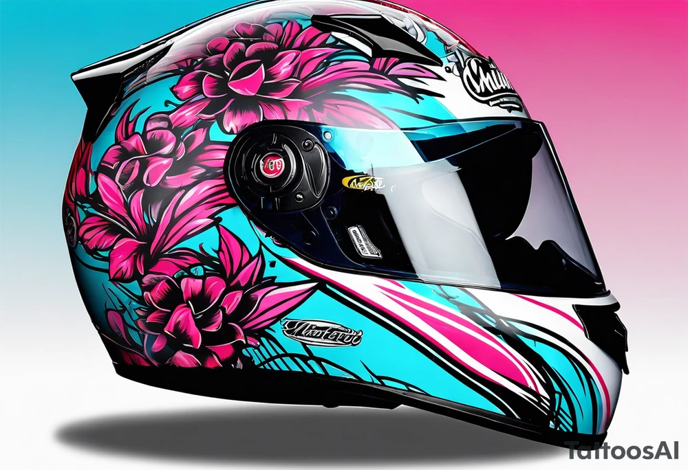 formula 1 helment with miami name a palm three and black light blue and pink colors tattoo idea