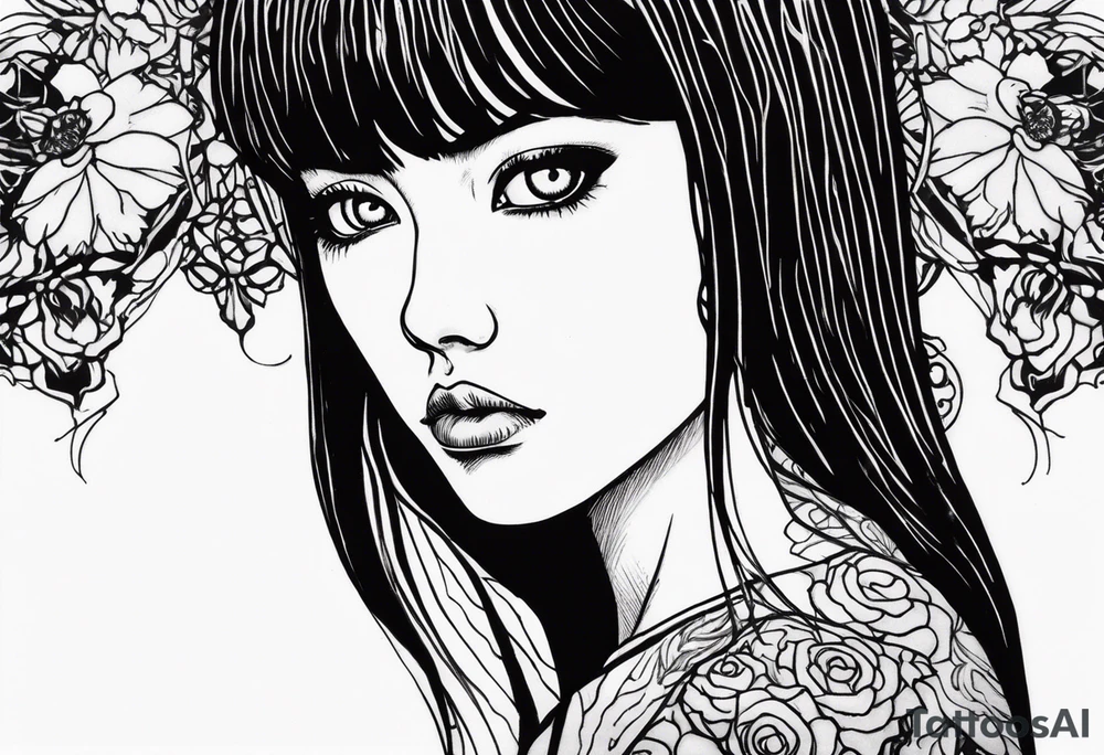 portrait of tomie standing up a character by the horror author junji ito full body standing menacingly.  a mole below her left eye.  add more horror and gore elements tattoo idea