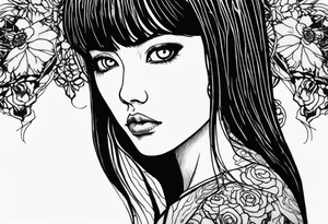 portrait of tomie standing up a character by the horror author junji ito full body standing menacingly.  a mole below her left eye.  add more horror and gore elements tattoo idea