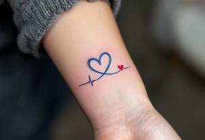 A blue and lavender infinity symbol with a heartbeat line leading into a small red heart. tattoo idea