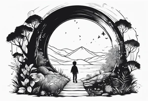 a small boy entering a portal to a fantasy world filled with nature tattoo idea