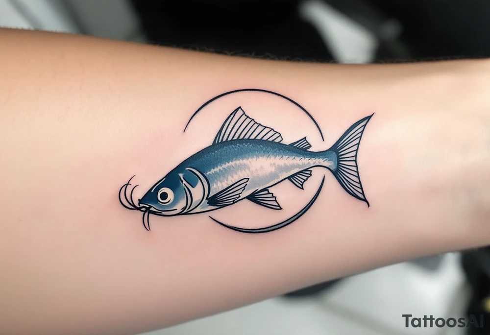 Catfish and Moon – A catfish in profile, colored smoky blue, with its whiskers curling around a crescent moon, giving a mystical, dreamlike tone. tattoo idea