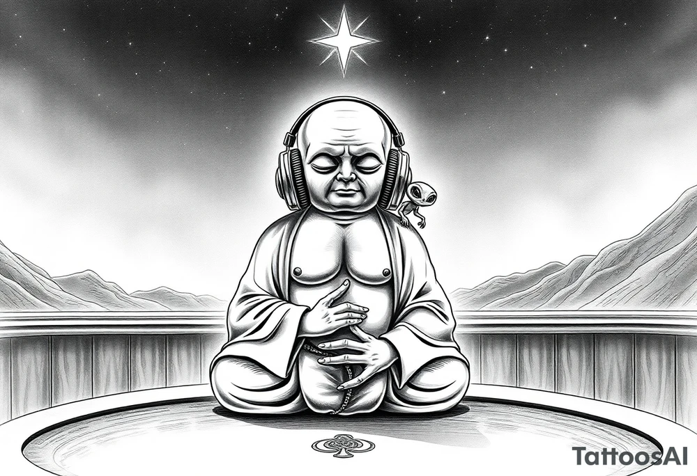 a dim celestial light shines over a curious wise chubby alien buddha who is wearing headphones and is calmly meditating on top of a texas hold'em table, and under a beautiful starry sky. There is a friendly alien sitting on his shoulder. tattoo idea