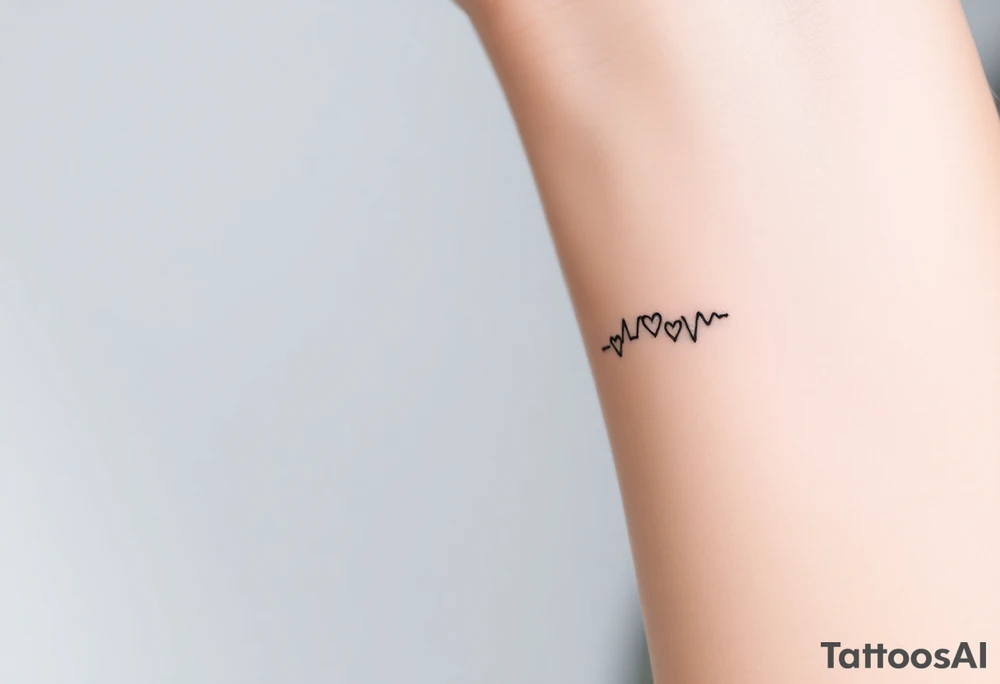 A minimalistic heartbeat line in fine black ink, with small hearts at each peak, colored in soft gold and silver. tattoo idea