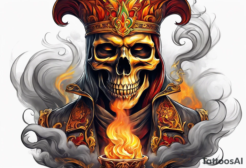 Mage orange yellow red inhaling smoke skull showing through skin tattoo idea