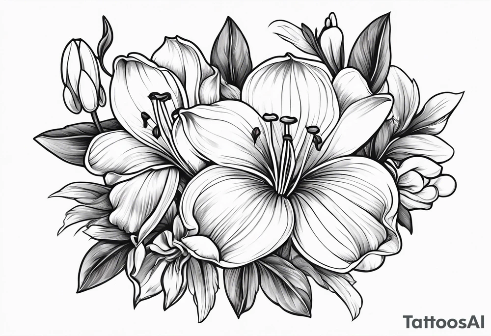 snowdrop flower, iris flower, cherry blossom flower, daisy flower, morning glory flower bouquet tattoo idea